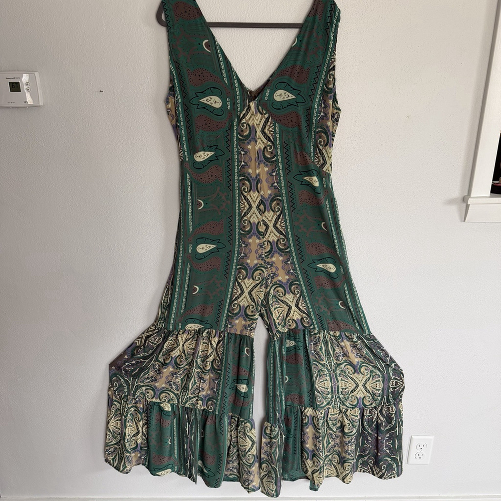 Earthbound Boho Jumpsuit Wide Leg Romper Womens L Paisley Flowy Festival Hippie - Picture 3 of 10